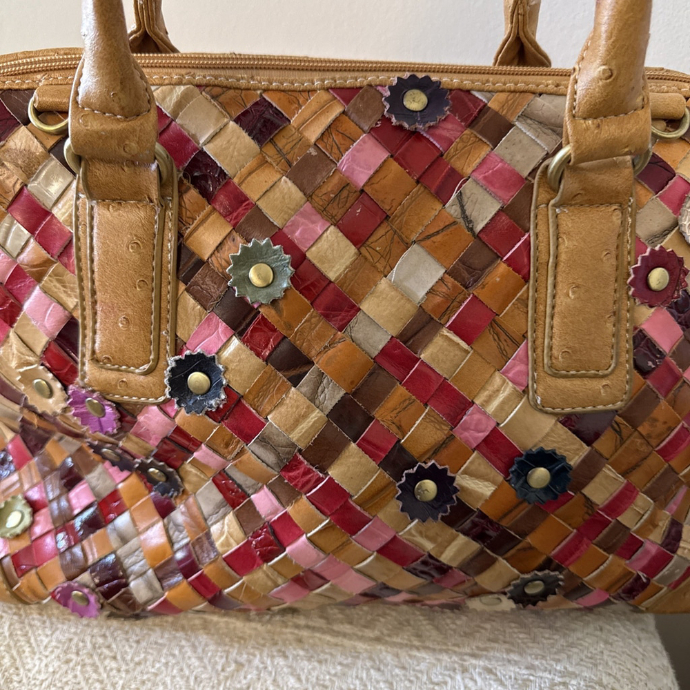 Handmade Woven Multi Color Leather Bohemian Bag with Flower Appliqué Accent - Picture 5 of 9